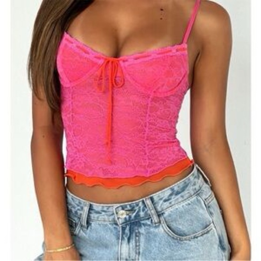 White Fox Boutique Lace Bustier Pink Lace Camisole with Orange Lining sz S